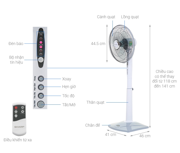 Quạt Đứng Sharp Có Điều Khiển PJ-S40RV-LG Xám Quạt Đứng Sharp Có Điều Khiển PJ-S40RV-LG Xám