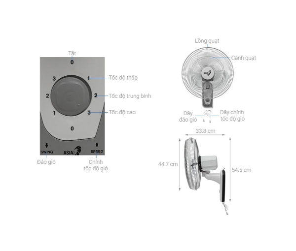 Quạt treo tường Asia VY357, 3 cánh, dòng 16" 2 dây