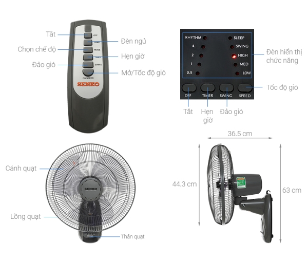 Quạt treo tường Senko có Remote TR 2 Options Quạt treo tường Senko có Remote TR 2 Options